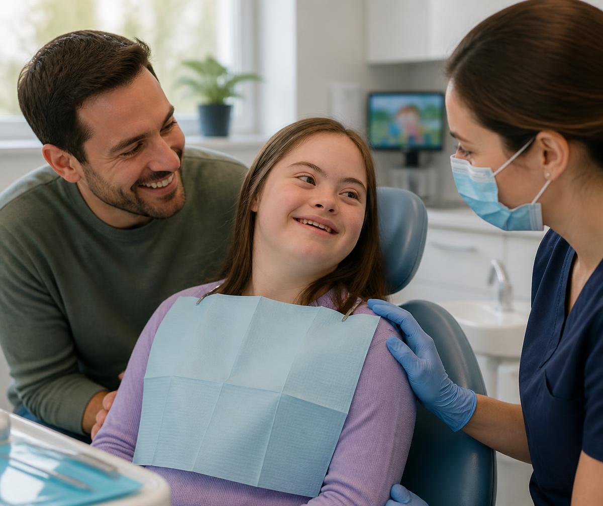 Une jeune fille en situation de handicap accompagnée par son aidant et une chirurgienne-dentiste